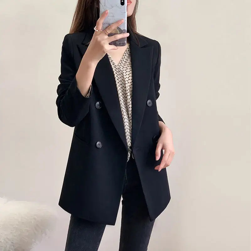 Women's Notched Polyester Full Sleeves Double Breasted Solid Blazer