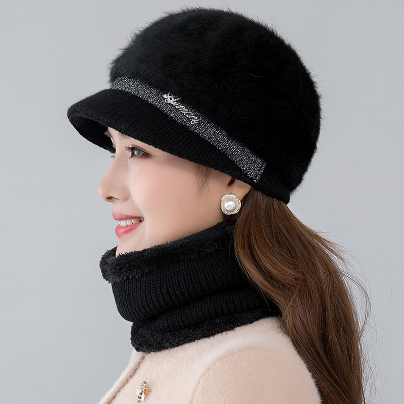 Women's Rabbit Fur Solid Pattern Casual Wear Winter Beanies Cap