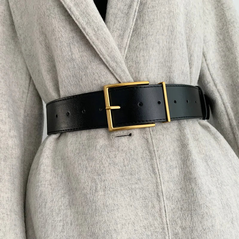 Women's Cowskin Pin Buckle Closure Solid Pattern Strap Belts