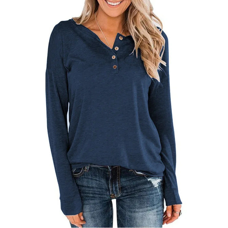 Women's Cotton V-Neck Long Sleeve Solid Pattern Casual Tops