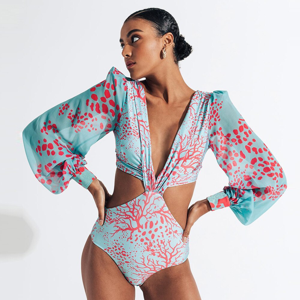 Women's Spandex Full Sleeve Printed Pattern One-Piece Swimwear