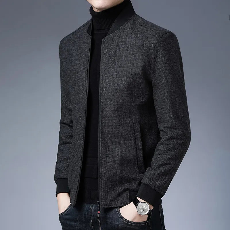 Men's Stand Collar Polyester Full Sleeves Zipper Closure Jacket