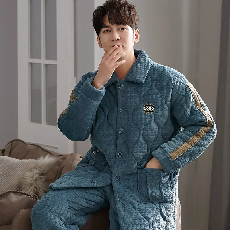 Men's Flannel Turn-Down Collar Full Sleeves Sleepwear Pajamas Set