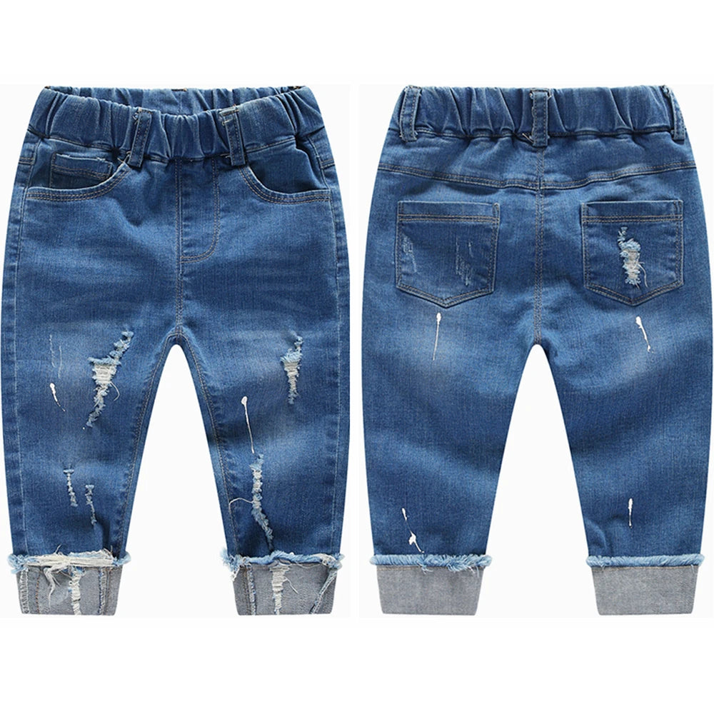 Kid's Cotton Mid Elastic Waist Closure Ripped Casual Wear Pants