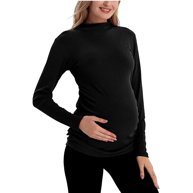 Women's Polyester Turtleneck Long Sleeves Solid Maternity T-Shirt