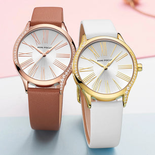 Women's Leather Round Shaped Waterproof Elegant Luxury Watch