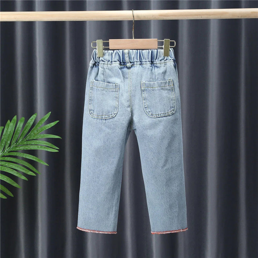 Kid's Cotton Mid Elastic Waist Closure Casual Wear Denim Pants