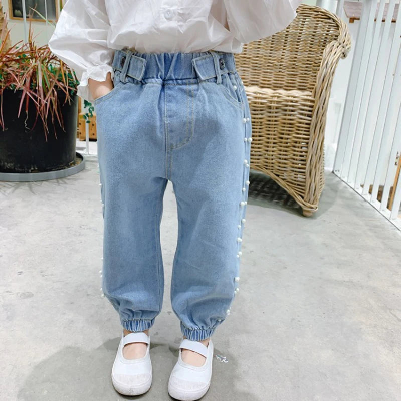 Kid's Cotton Mid Elastic Waist Closure Casual Denim Trousers