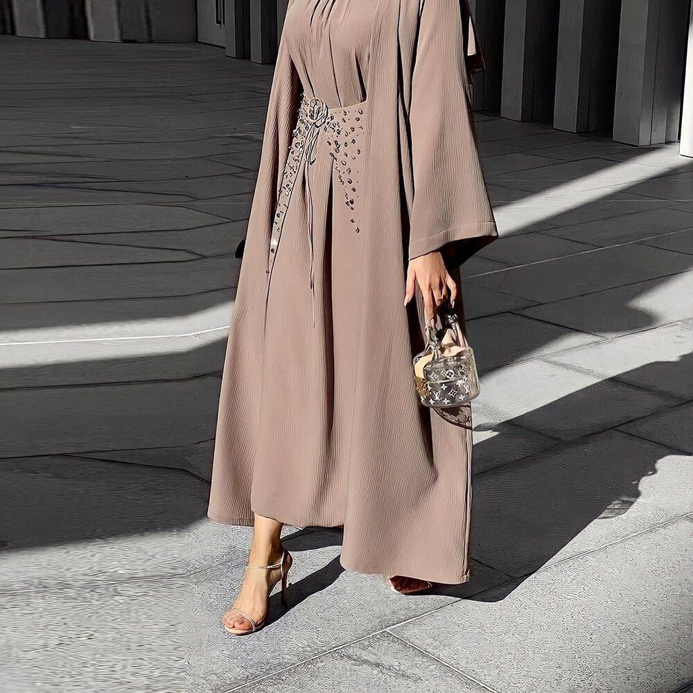 Women's Arabian O-Neck Polyester Full Sleeves Elegant Open Abaya