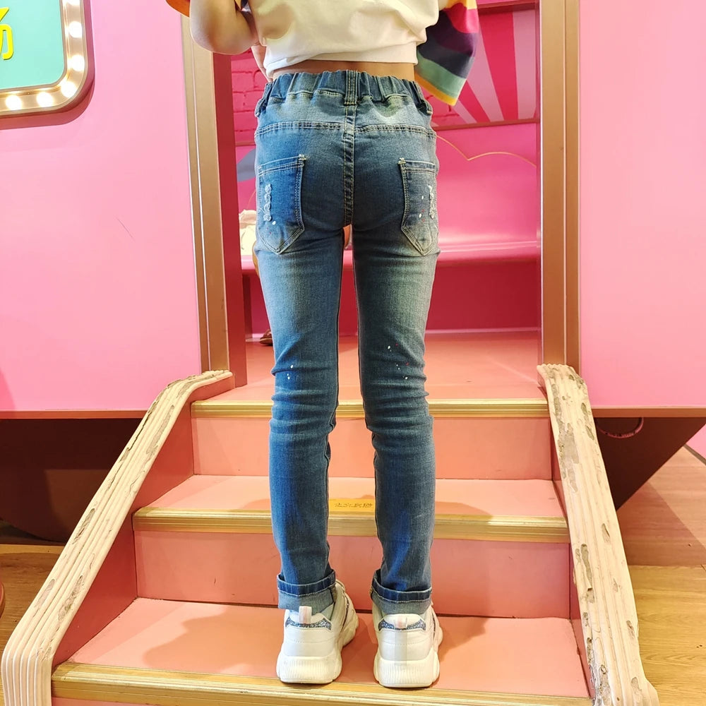 Kid's Cotton Elastic Waist Closure Ripped Denim Casual Jeans