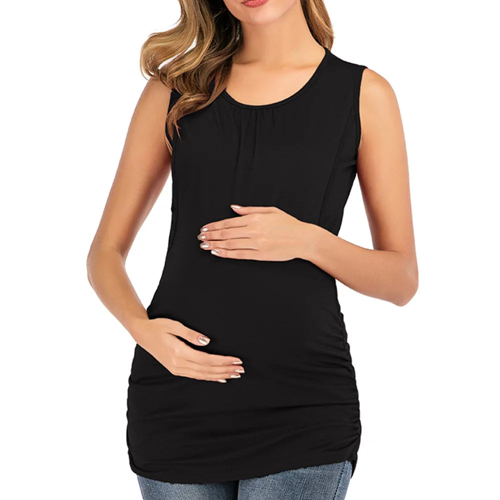 Women's Polyester O-Neck Sleeveless Solid Pattern Maternity Top