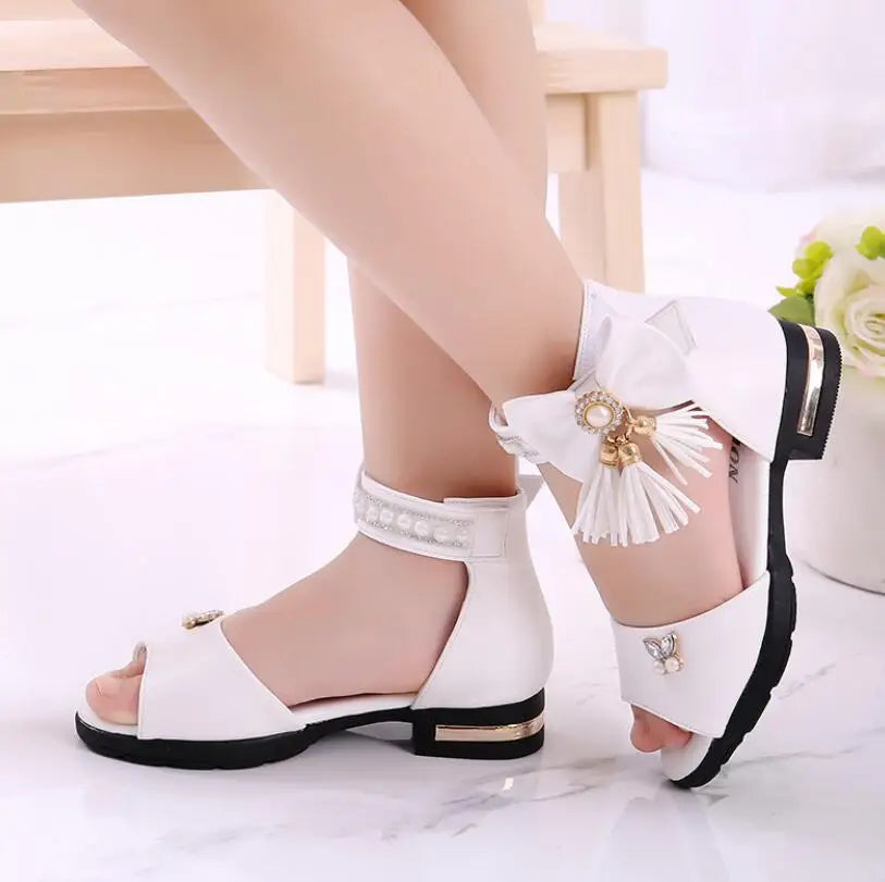 Kid's PU Peep Toe Rhinestone Pattern Hook Loop Closure Sandals