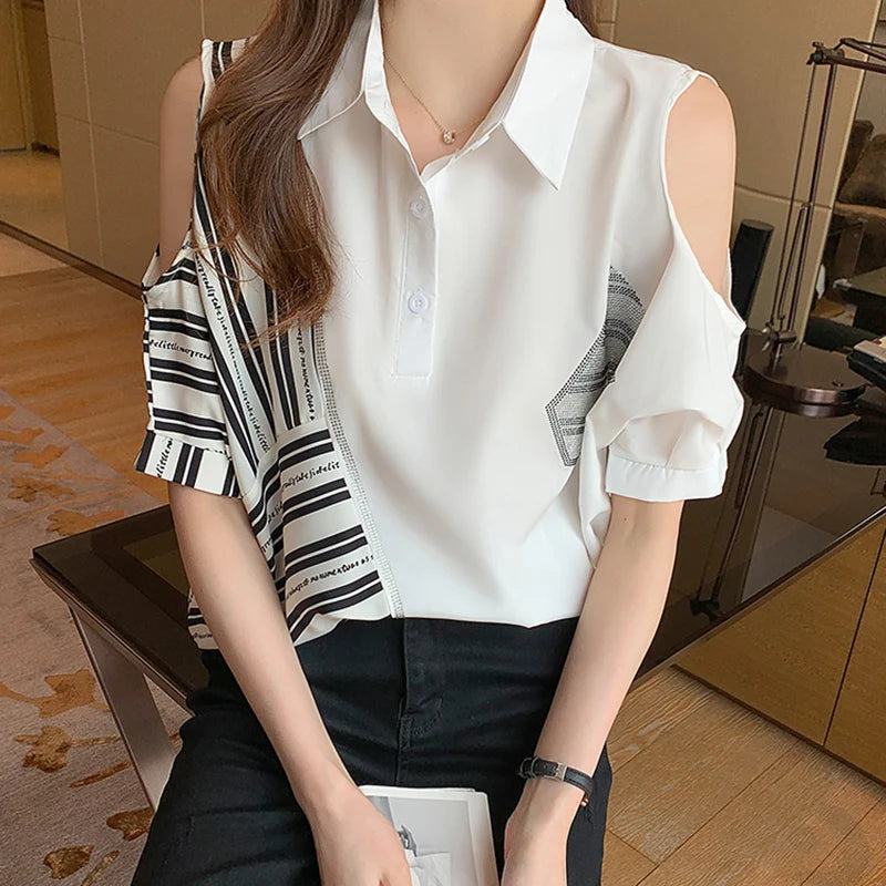 Women's Polyester Turn-Down Collar Short Sleeve Casual Wear Blouse