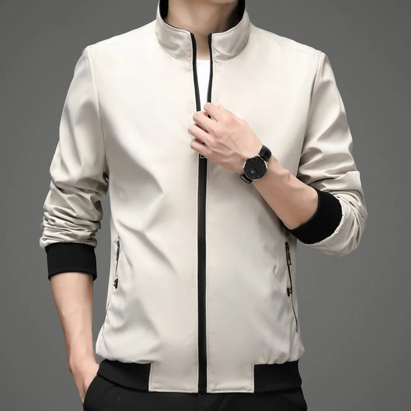 Men's Polyester Stand Collar Long Sleeves Solid Pattern Jacket