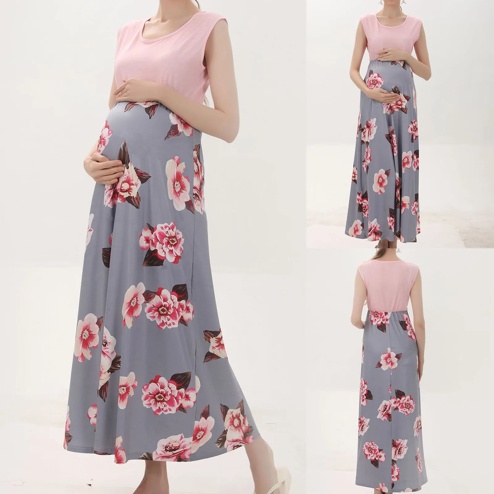 Women's Polyester O-Neck Sleeveless Floral Pattern Maternity Dress