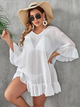 Women's Lace V-Neck Long Sleeves Bathing Swimwear Beach Cover Up