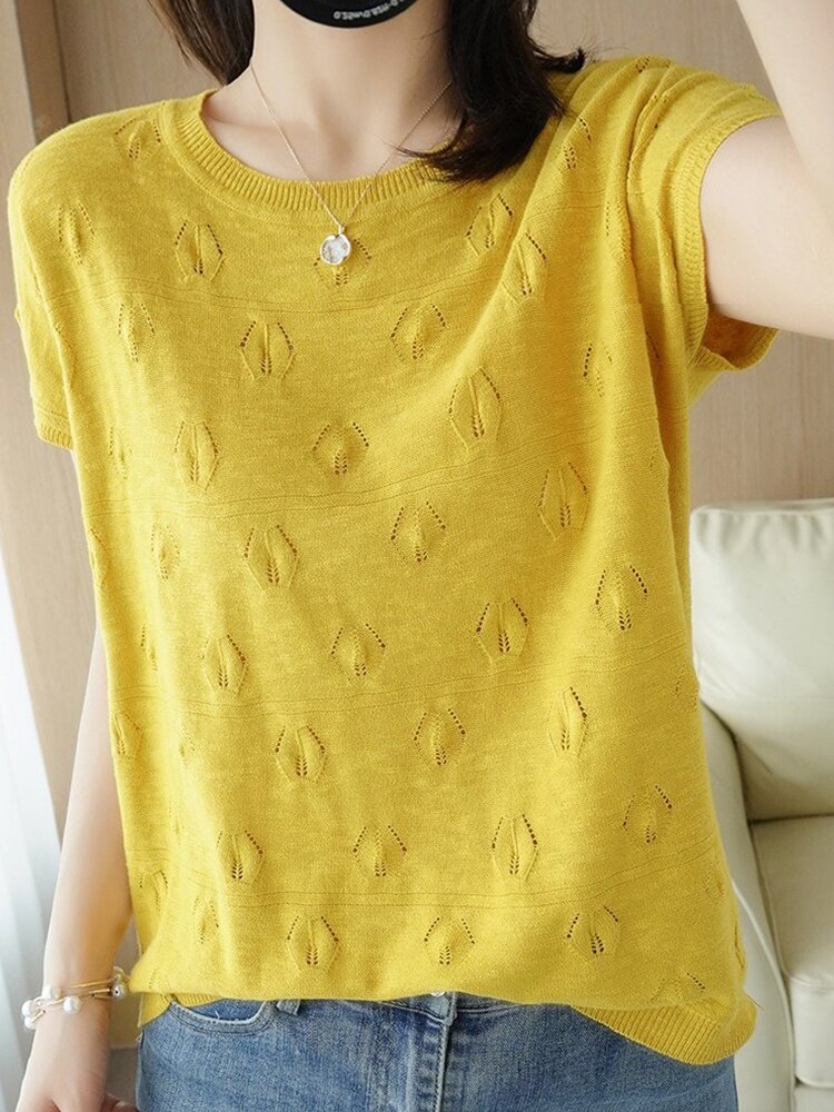 Women's Cotton O-Neck Short Sleeves Casual Pullover Sweaters