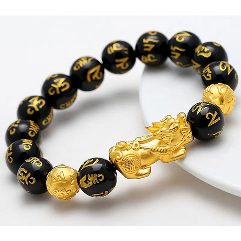 Men's Stone Round Pattern Bezel Setting Ethnic Pixiu Bracelet