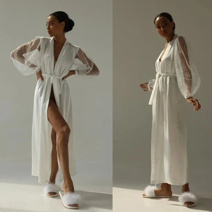 Women's Silk V-Neck Long Sleeves Nightgowns Sleepwear Dress