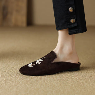 Women's Suede Round Toe Slip-On Closure Casual Embroidery Shoes