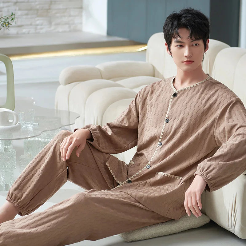 Men's Cotton O-Neck Long Sleeve Solid Pattern Sleepwear Set