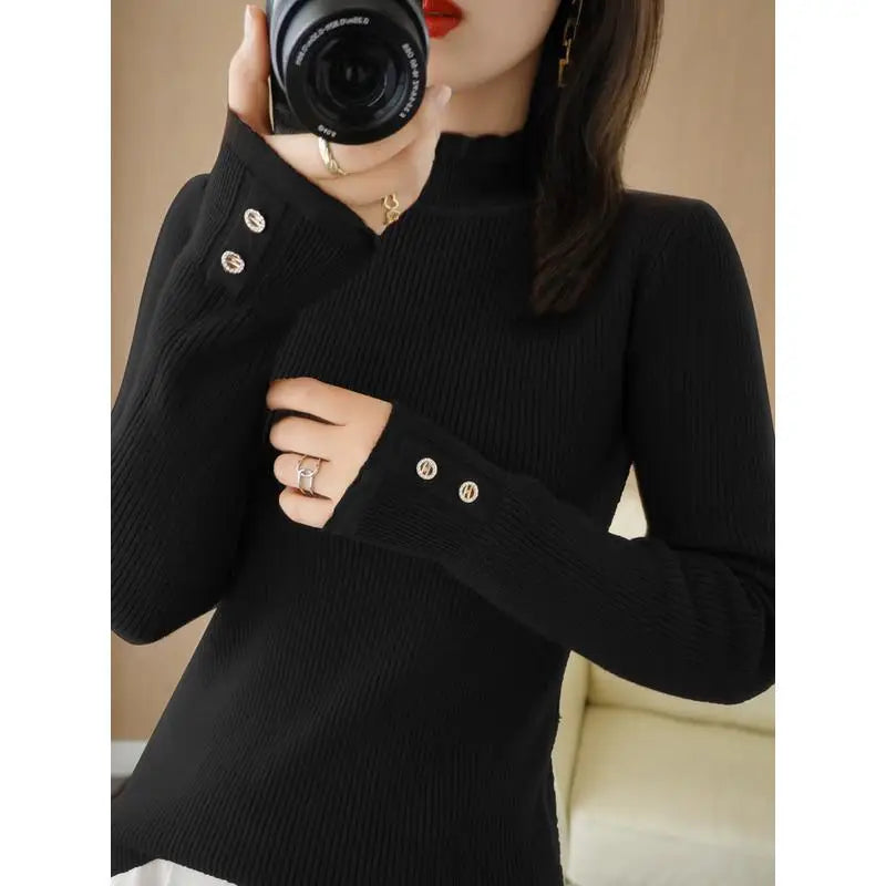 Women's Acetate Mock Neck Full Sleeves Solid Pattern Sweater