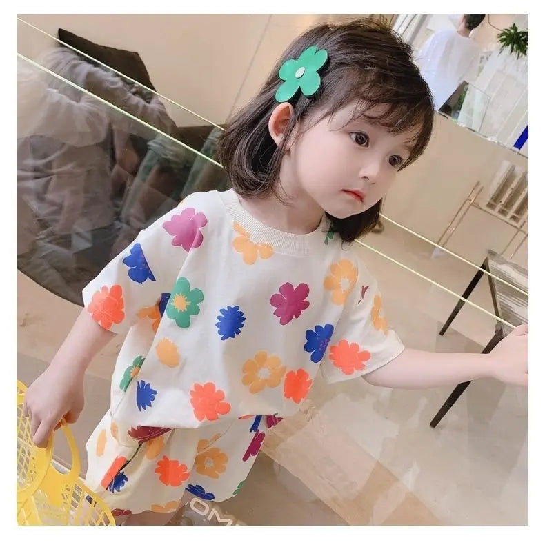 Kid's Polyester O-Neck Short Sleeve Printed Casual Wear Clothes