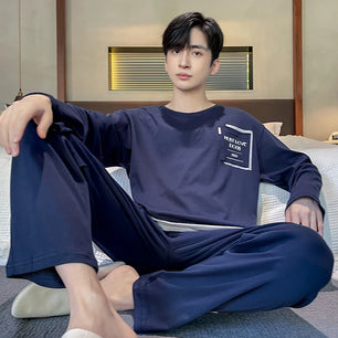 Men's Cotton O-Neck Long Sleeves Trendy Sleepwear Pajamas Set