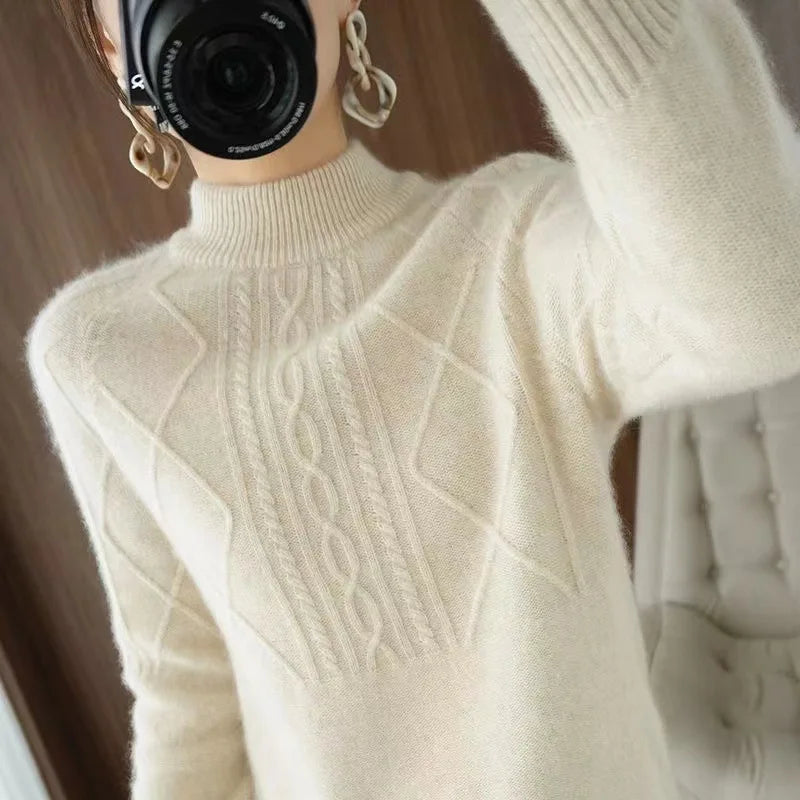 Women's Acrylic Mock-Neck Full Sleeves Knitted Pattern Sweater