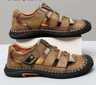 Men's Genuine Leather Round Toe Hook Loop Closure Casual Sandals