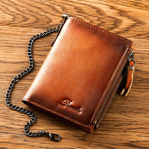 Men's Genuine Leather Zipper Closure Letter Pattern Trendy Wallet