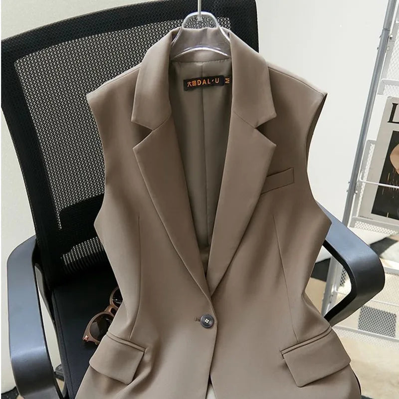 Women's Cotton Notched Sleeveless Single Button Casual Blazer