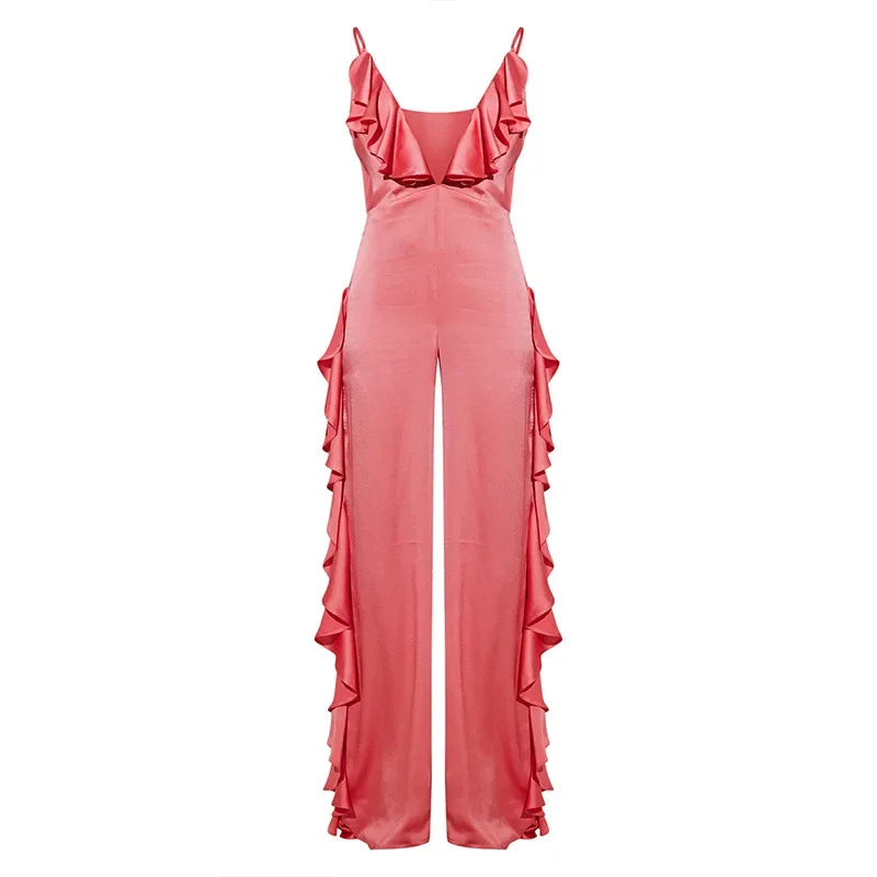 Women's Polyester V-Neck Sleeveless Ruffle Pattern Jumpsuit