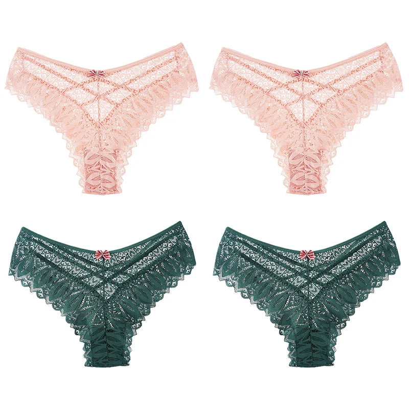 Women's 4 Pcs Spandex Low Waist Breathable Lace Pattern Panties