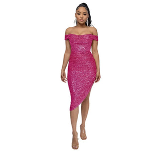 Women's Polyester Square-Neck Sequined Pattern Party Wear Dress