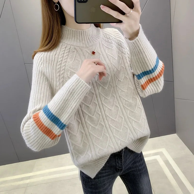 Women's Polyester Mock-Neck Full Sleeves Knitted Pattern Sweater