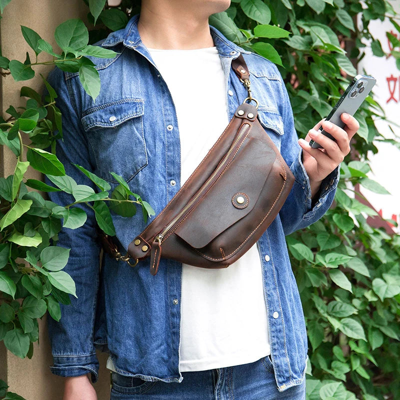 Men's Genuine Leather Solid Pattern Casual Crossbody Waist Pack