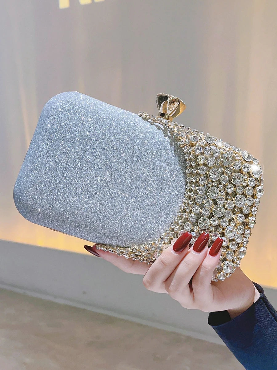 Women's Metallic Hasp Closure Rhinestone Classic Wedding Clutch