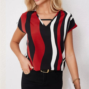 Women's Polyester V-Neck Short Sleeves Striped Pattern Blouse