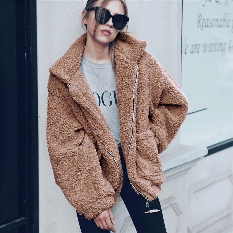 Women's Faux Fur Turn-Down Collar Long Sleeves Solid Jacket