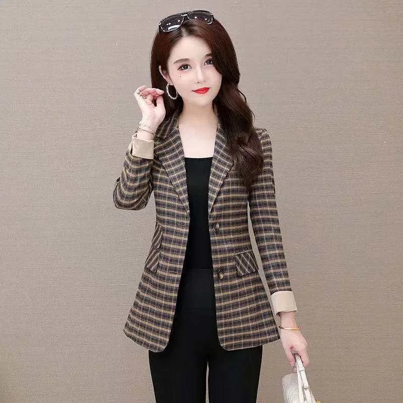 Women's Notched Collar Full Sleeves Single Breasted Plaid Blazers