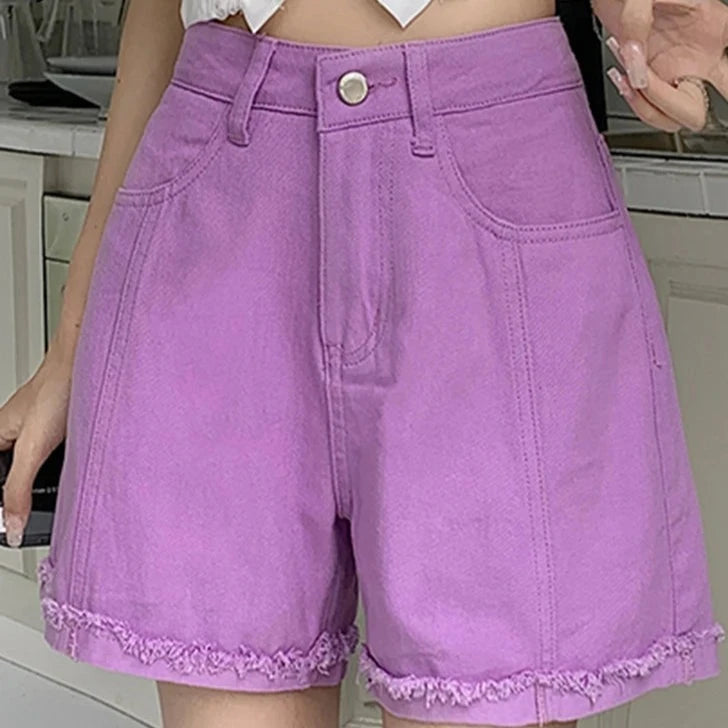 Women's Polyester High Waist Zipper Fly Casual Solid Denim Shorts