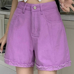 Women's Polyester High Waist Zipper Fly Casual Solid Denim Shorts