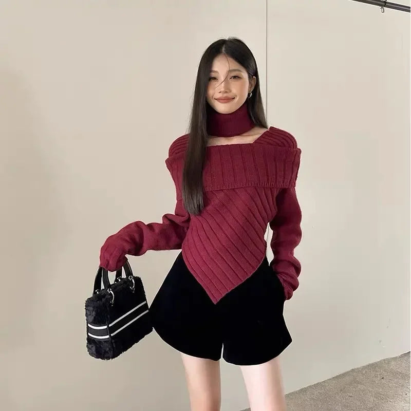 Women's Cotton Turtleneck Long Sleeves Solid Pattern Sweater