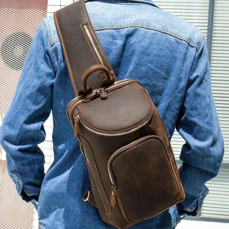 Men's Genuine Leather Zipper Closure Solid Pattern Shoulder Bag