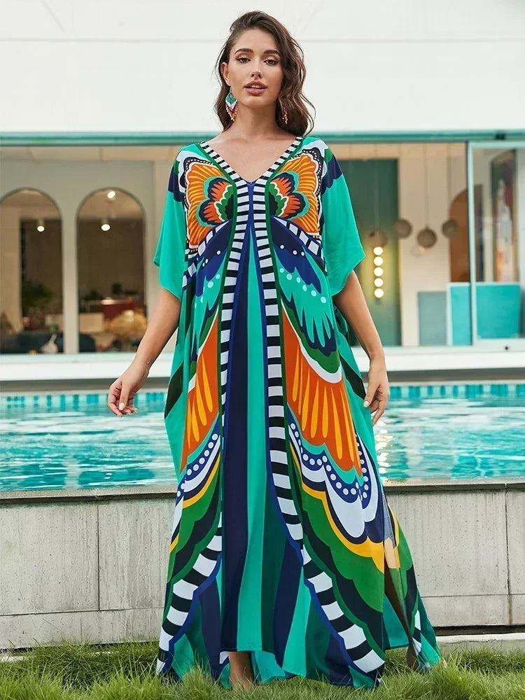 Women's Polyester V-Neck Short Sleeve Printed Pattern Maxi Dress