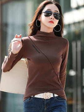 Women's Cotton Turtleneck Long Sleeve Solid Casual Wear Blouse