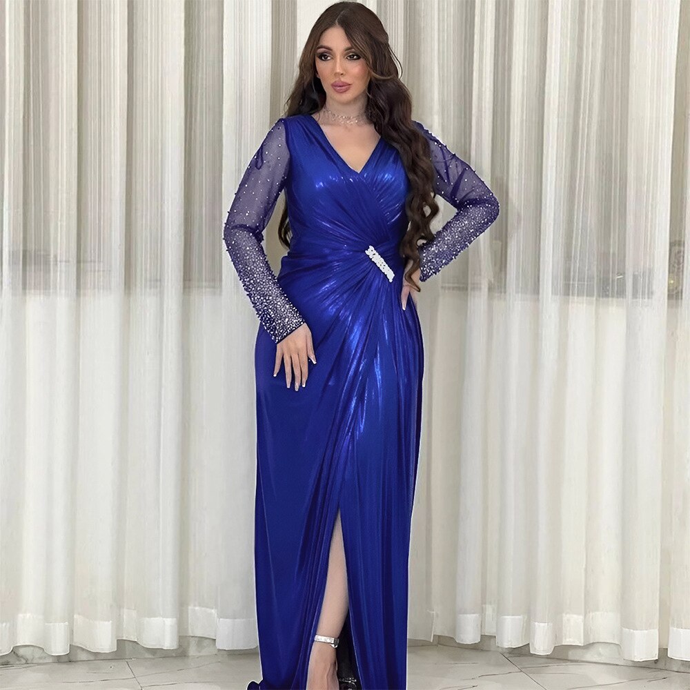 Women's Arabian V-Neck Polyester Full Sleeves Sequined Dresses
