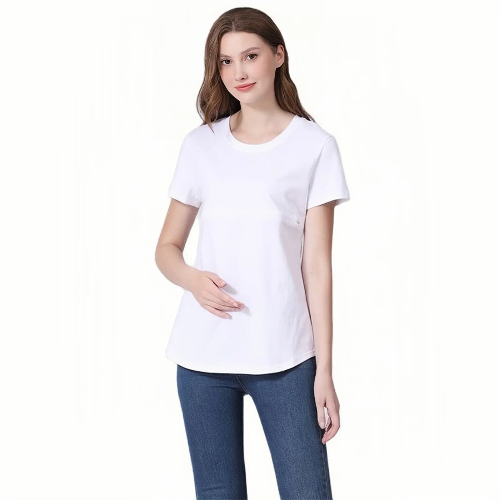 Women’s Cotton O-Neck Short Sleeves Solid Pattern Maternity Top