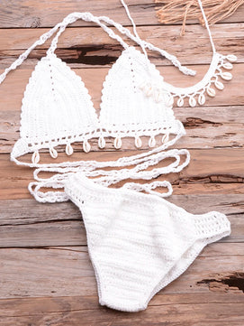 Women's Cotton Mid Waist Swimwear Knitted Pattern Bikini Set